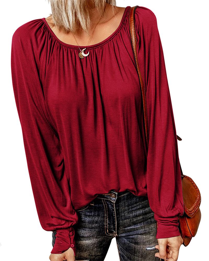 

Round Neck Long Sleeve Ruched Top, Red