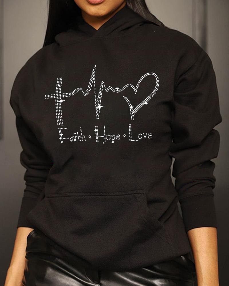 

Rhinestone Faith Hope Love Heart Pattern Pocket Design Hoodie, Black