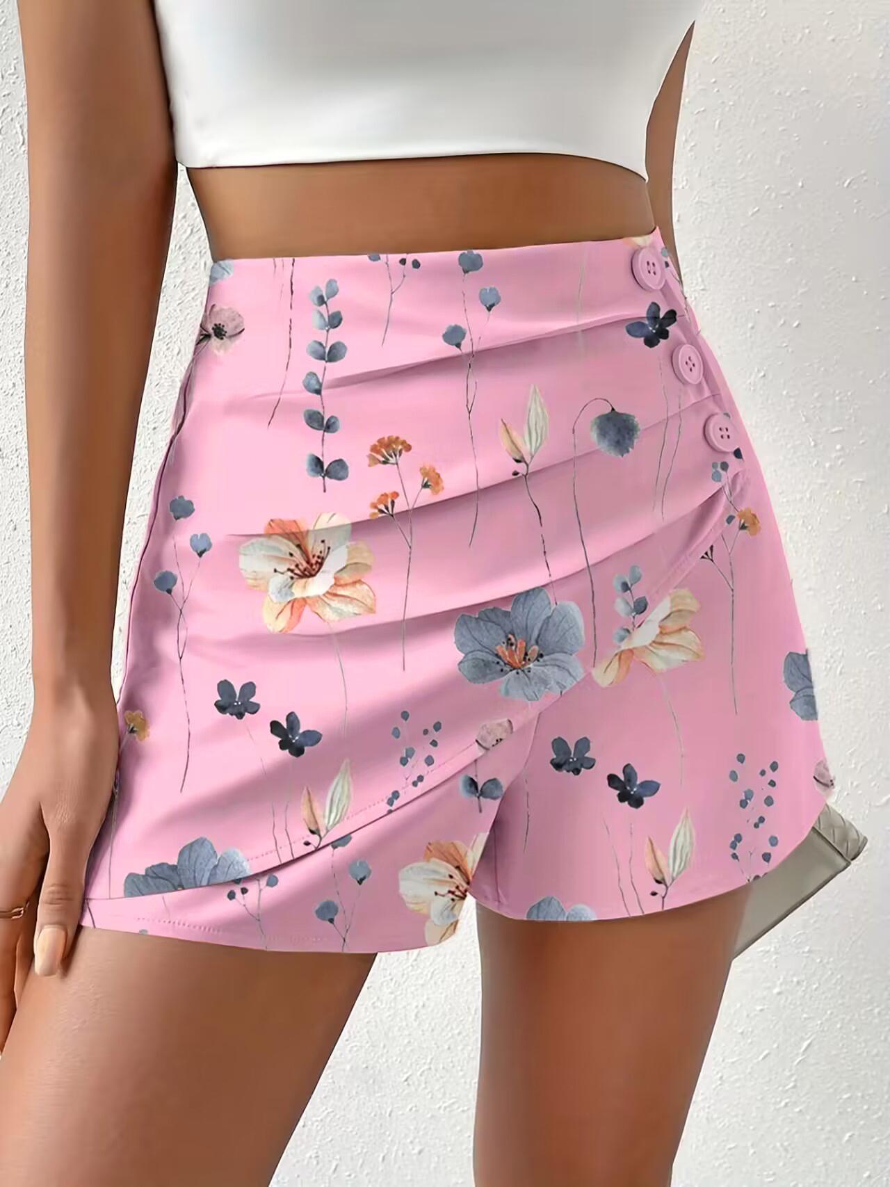 

Floral Print Side Button Ruched Shorts, Pink