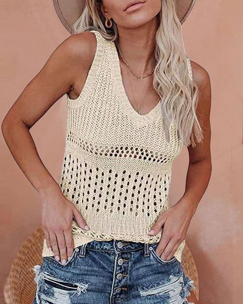 

Solid Color Hollow-out Weave Sleeveless Tank Top, Apricot