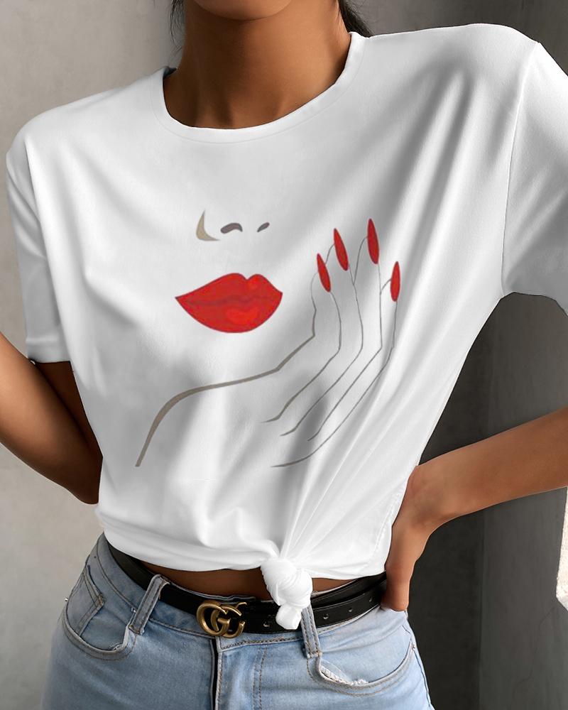 

Lip Graphic Print Short Sleeve Casual T-shirt, White