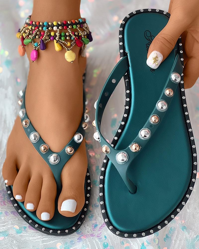 

Studded Toe Post Flip Flops, Green