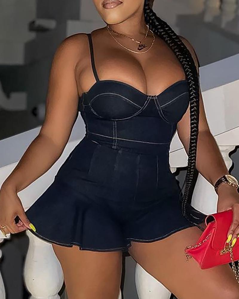 

Spaghetti Strap V Neck Ruffles Denim Romper, Black
