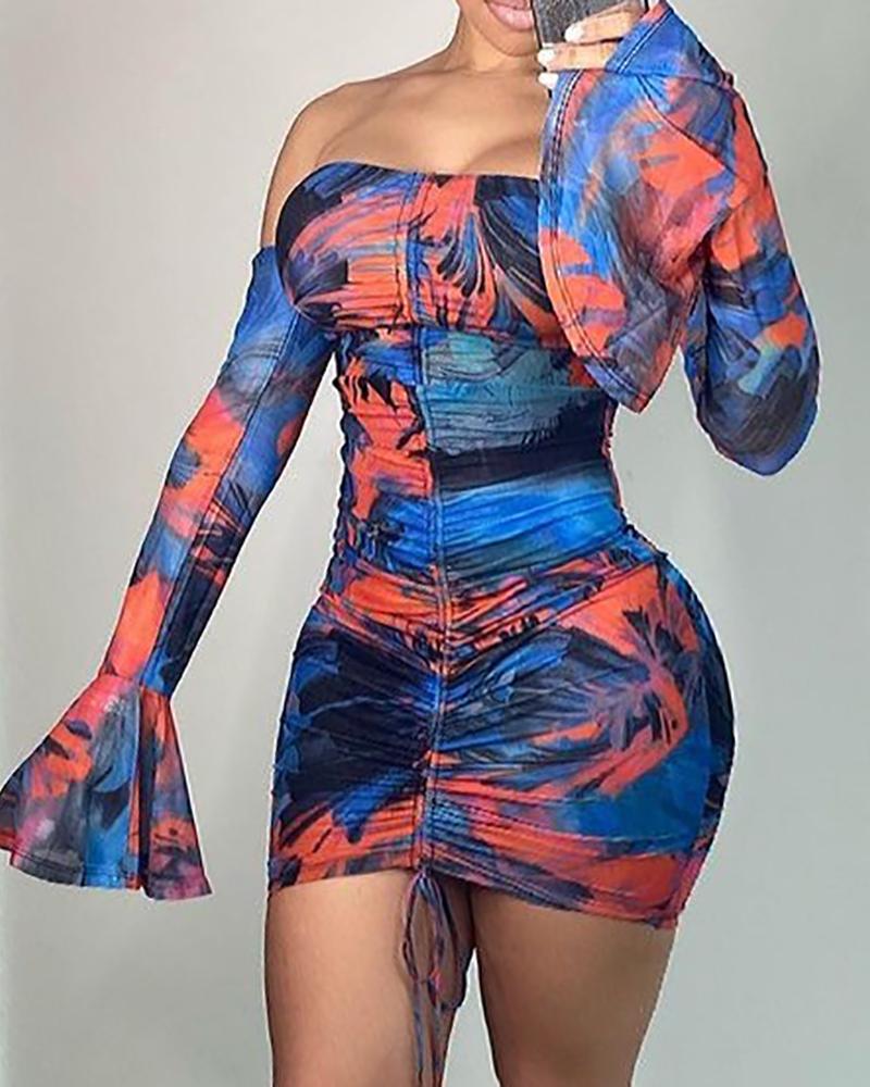 

Colorblock Drawstring Off Shoulder Bell Sleeve Bodycon Dress, Blue