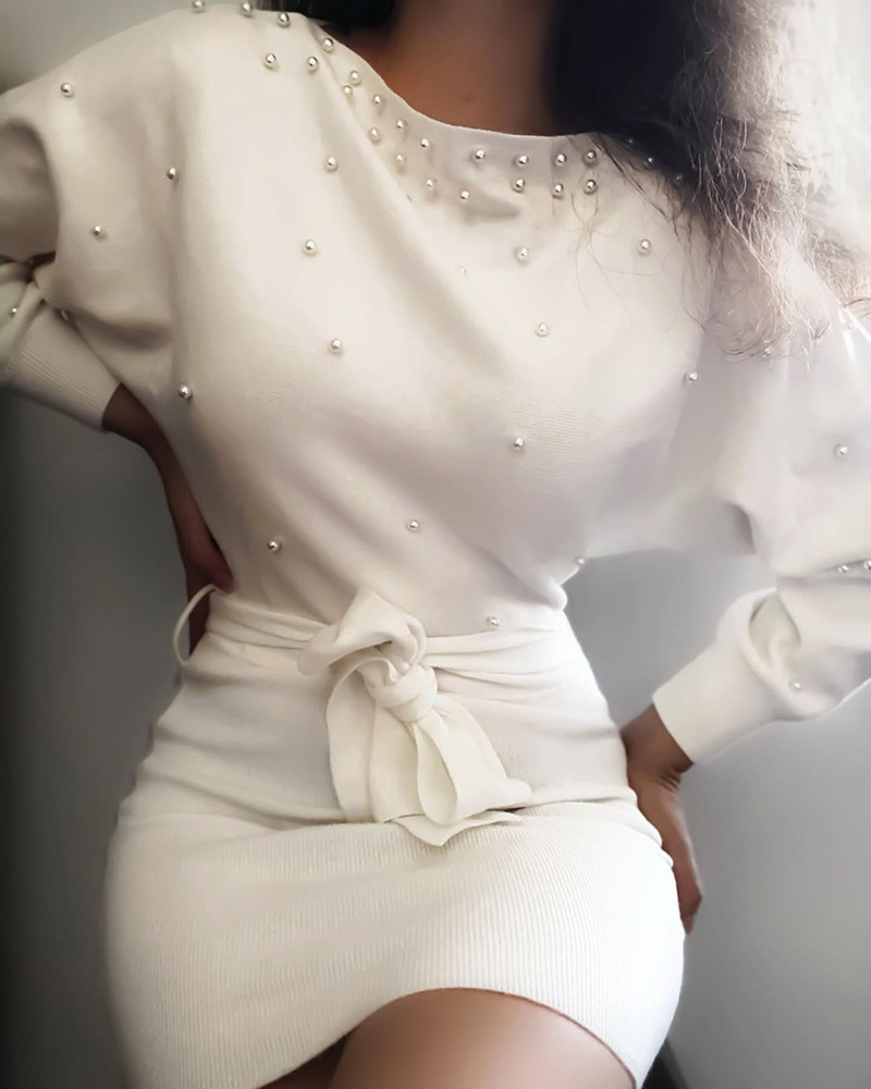 

Beaded Batwing Sleeve Knit Long Sleeve Dress, White