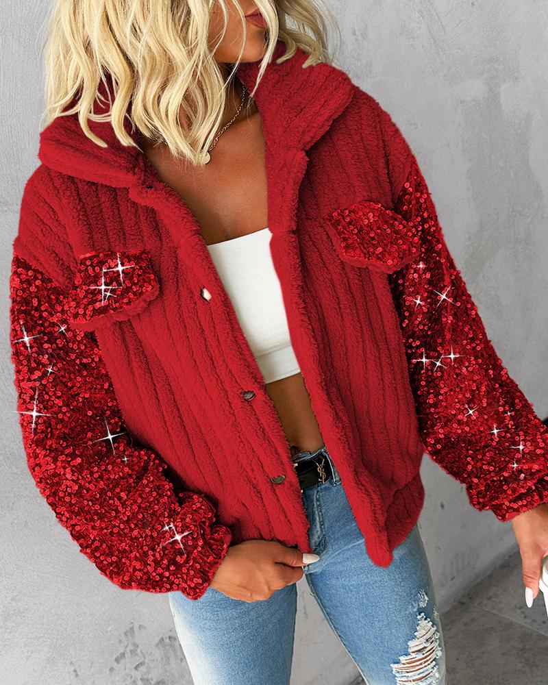 

Chaqueta teddy con parche de lentejuelas y cuello vuelto, Red