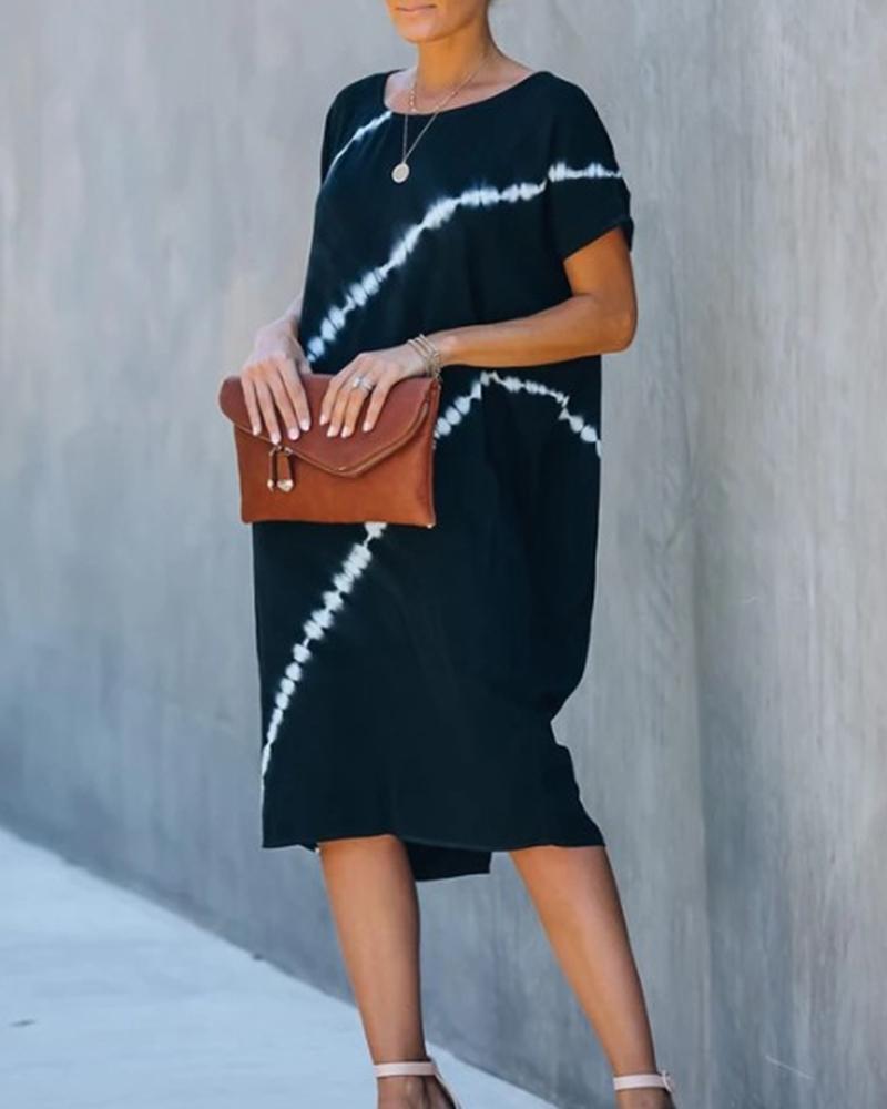 

Tie Dye Short Sleeve Loose Mini Dress, Black