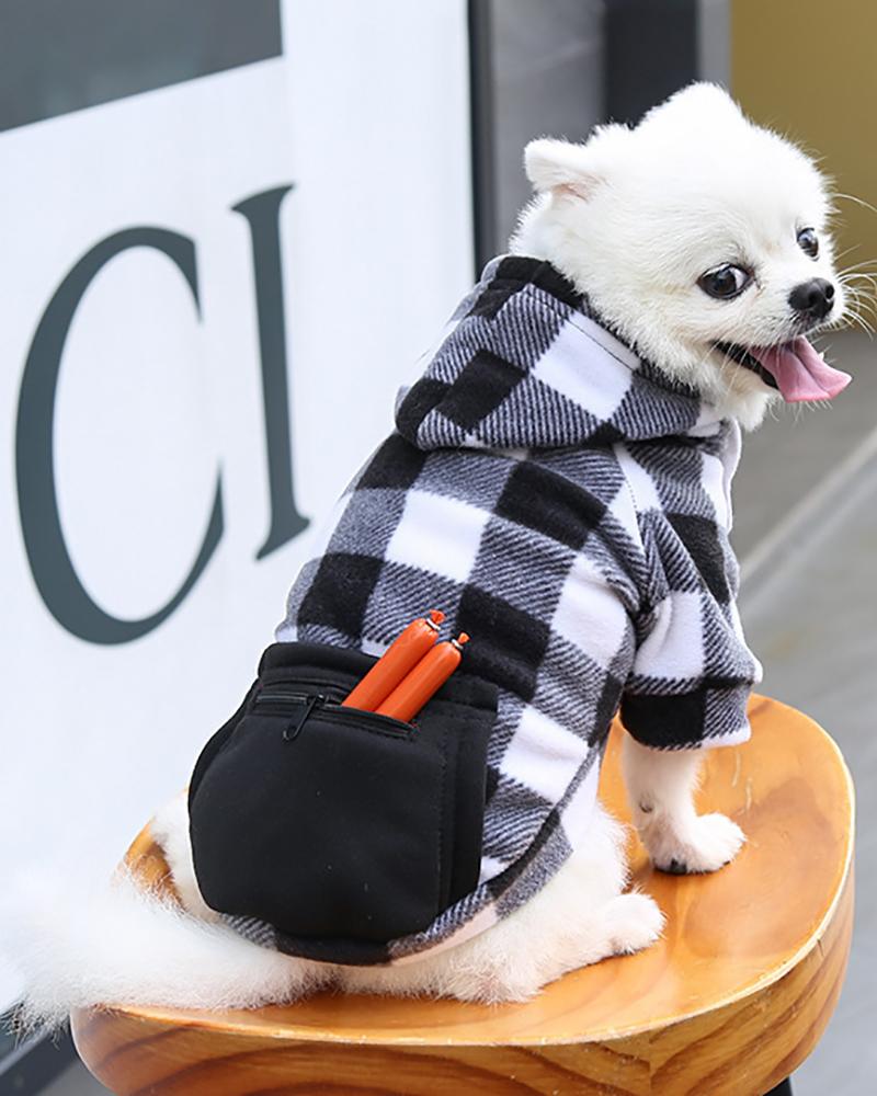 

Plaid Print Pocket Design Pet Hoodie, Black