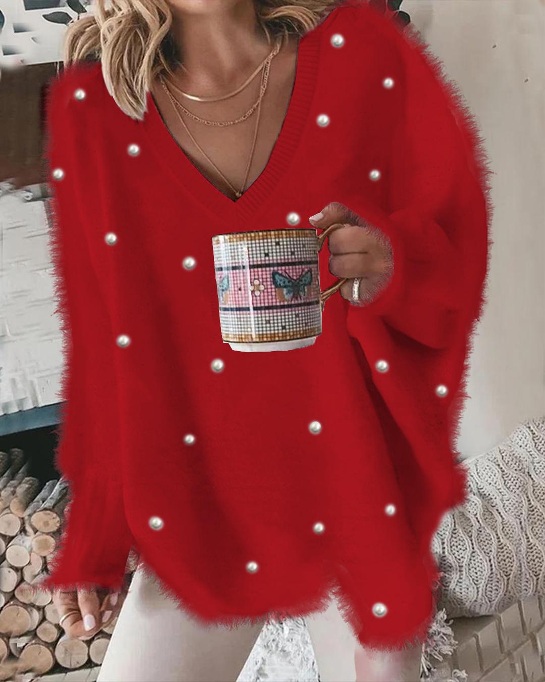 

Beaded Decor Long Sleeve Fluffy Top, Red