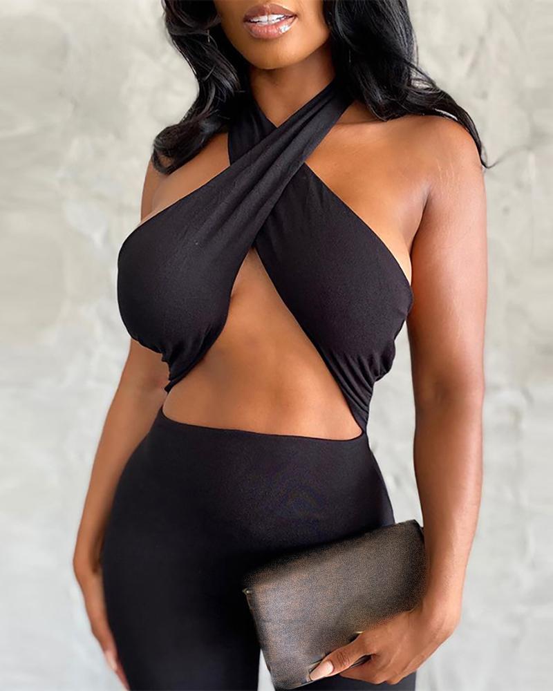 

Halter Cross Front Cutout Backless Skinny Jumpsuit, Black