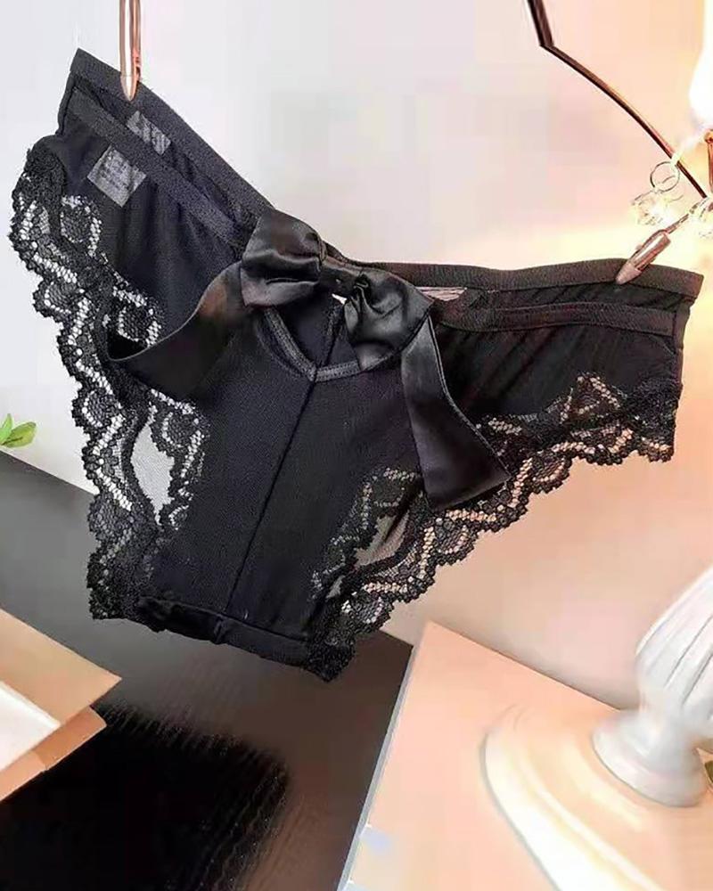 

Crochet Lace Sheer Mesh Cutout Bowknot Design Panty, Black