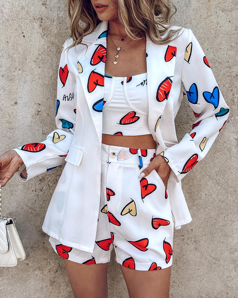 

Heart Letter Print Cami Top & Shorts Set With Blazer Coat, White