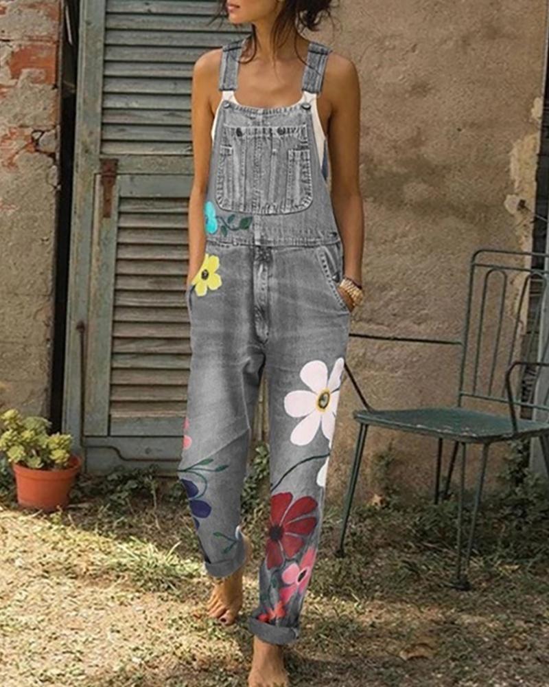 

Pocket Floral Print Suspender Denim Jumpsuit, Gray