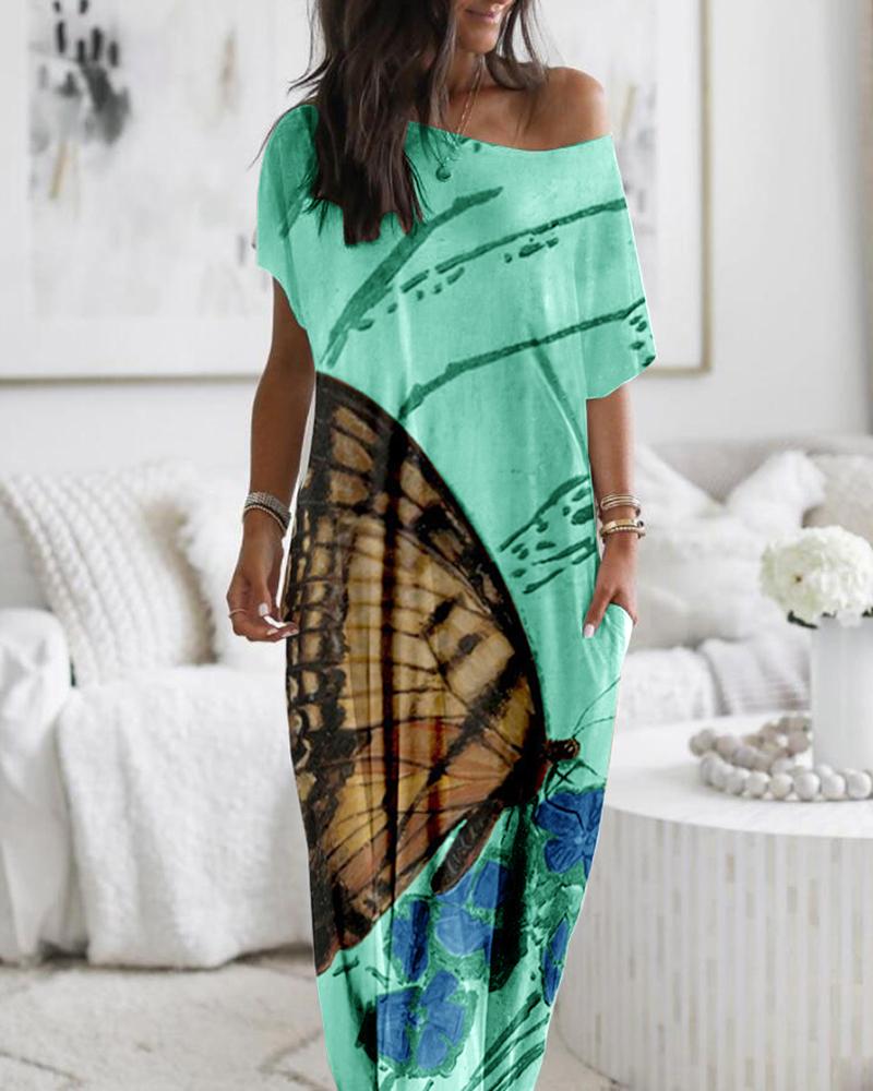 

Butterfly Print Pocket Design Casual Dress, Light green