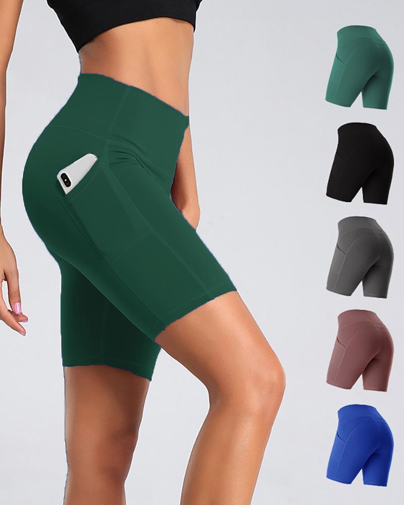 

Pocket Design High Waisted Pocket Design Butt Lifting Yoga Shorts, Green