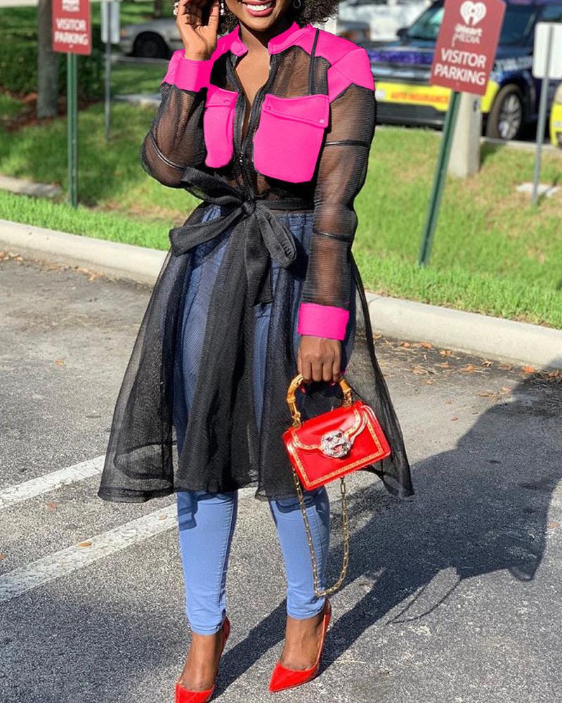 

Contrast Paneled Zip Front Sheer Mesh Top, Hot pink