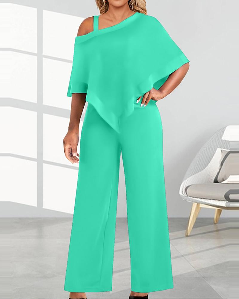 

Cold Shoulder Asymmetrical Top & Wide Leg Pants Set, Turquoise blue