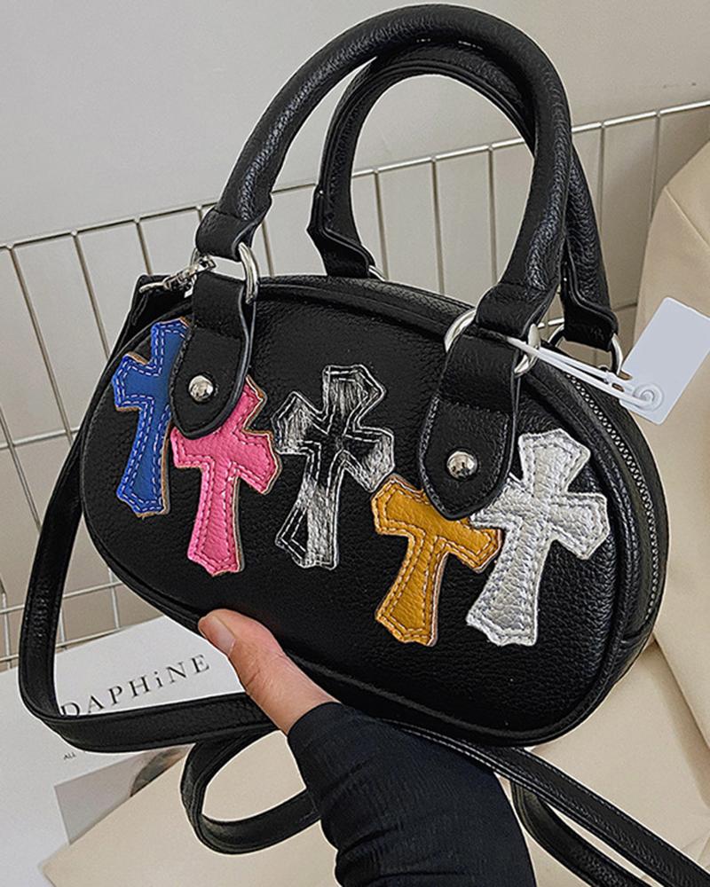 

Cross Pattern Zipper Design Handbag, Black