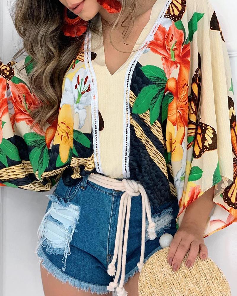 

Floral Butterfly Print V-Neck Bell Sleeve Top, Multicolor