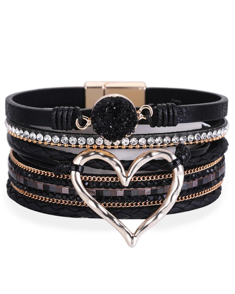 

1pc Valentine's Day Heart Rhinestone Wide Bohemian Magnetic Bracelet, Black