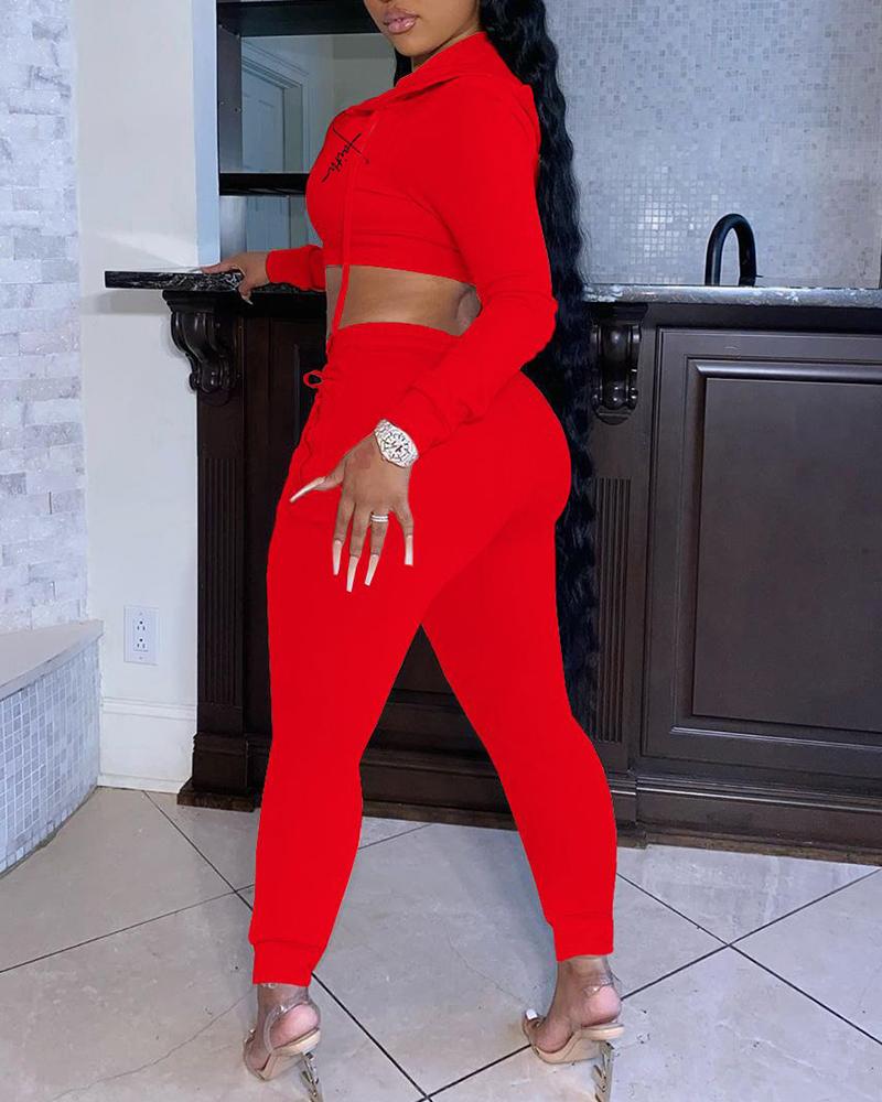 

Long Sleeve Letter Print Hooded Top & Pants Set, Red