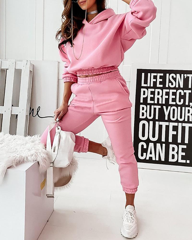 

Long Sleeve Hooded Top & Shirred Pants Set, Pink