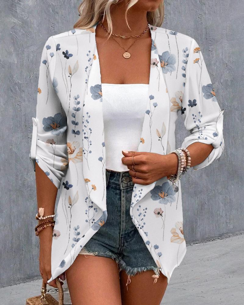 

Floral Print Open Front Roll Up Sleeve Coat, White