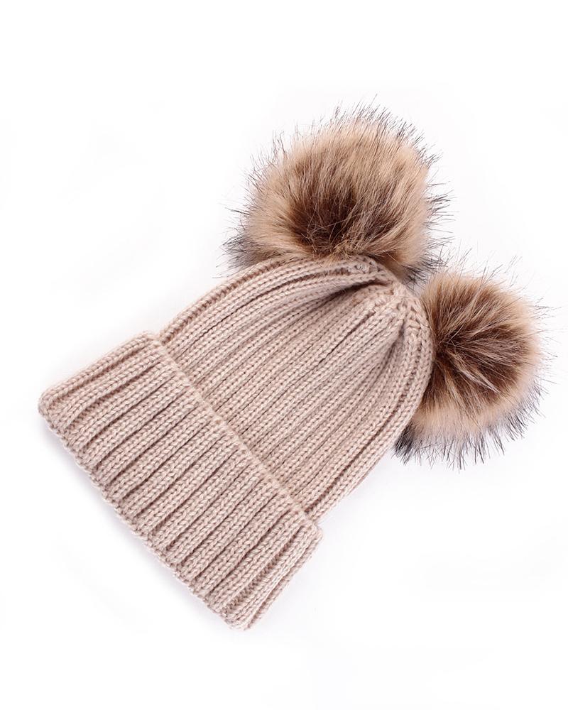 

Knit Double Pom Pom Decor Cuffed Beanie For Adult, Khaki