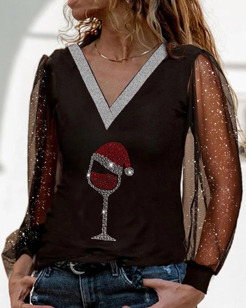 

Christmas Wine Glass Print Glitter Sheer Mesh Top, Black