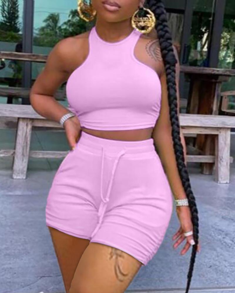 

Sleevless Crop Top & Drawstring High Waisted Shorts Set, Purple