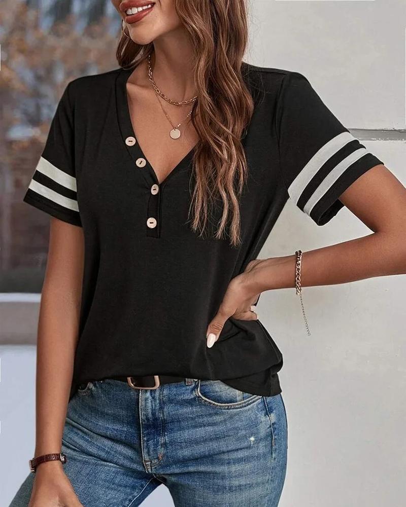 

Contrast Paneled Button Front Casual T-shirt, Black