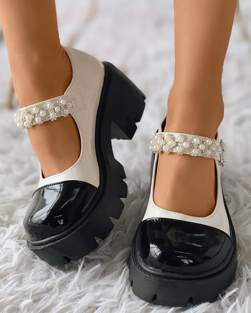 

Beaded Strap Buckled Chunky Shoes, Beige