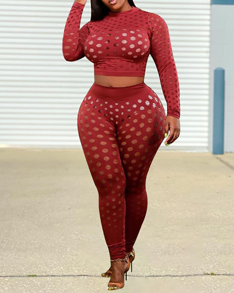 

Plus Size Hollow Out Long Sleeve Top & High Waist Pants Set, Red