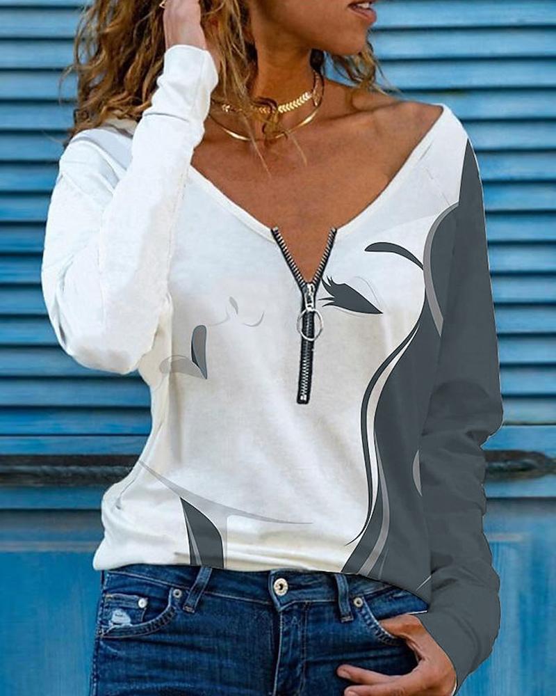 

Abstract Figure Print Zip Front Long Sleeve Top, White