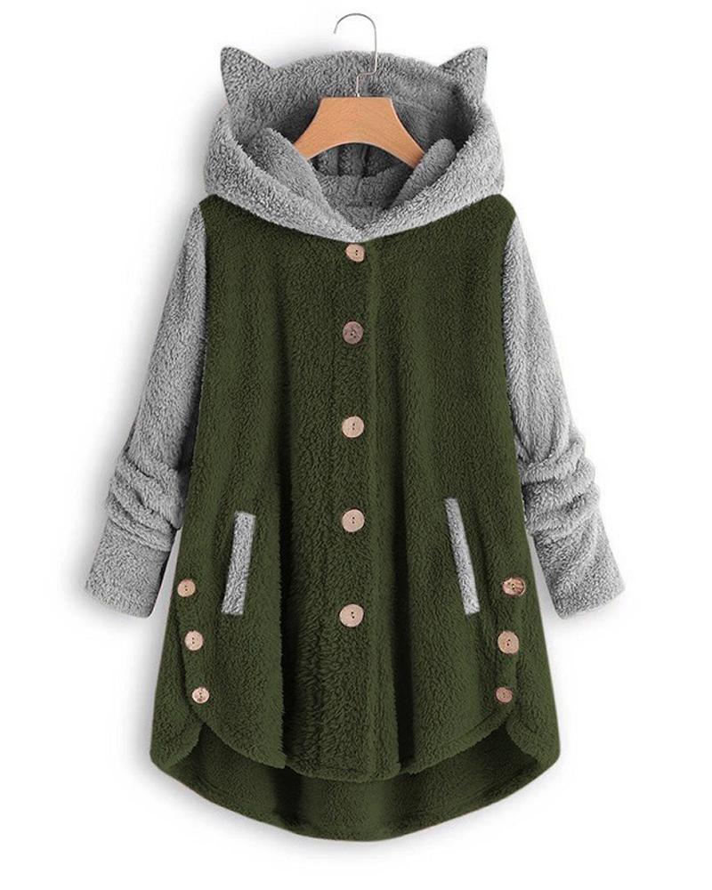 

Contrast Paneled Long Sleeve 3D Cat Hooded Teddy Coat, Green
