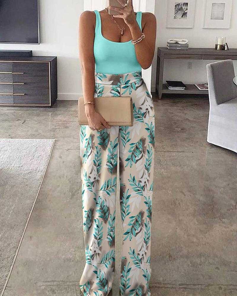 

Colorblock U-neck Top & Floral Print Pants Patchwork Jumpsuit, Blue