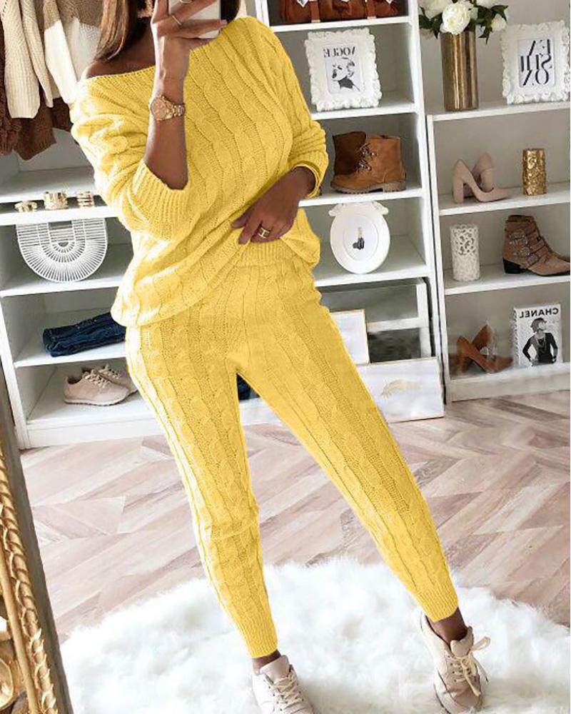 

Long Sleeve Knit Braided Sweater & High Waist Pants Set, Yellow