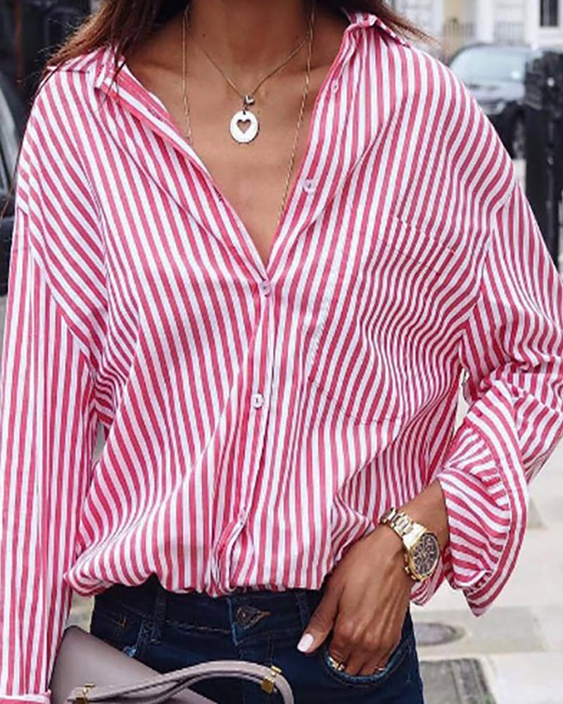 

Striped Pocket Design Button Front Shirt, Pink