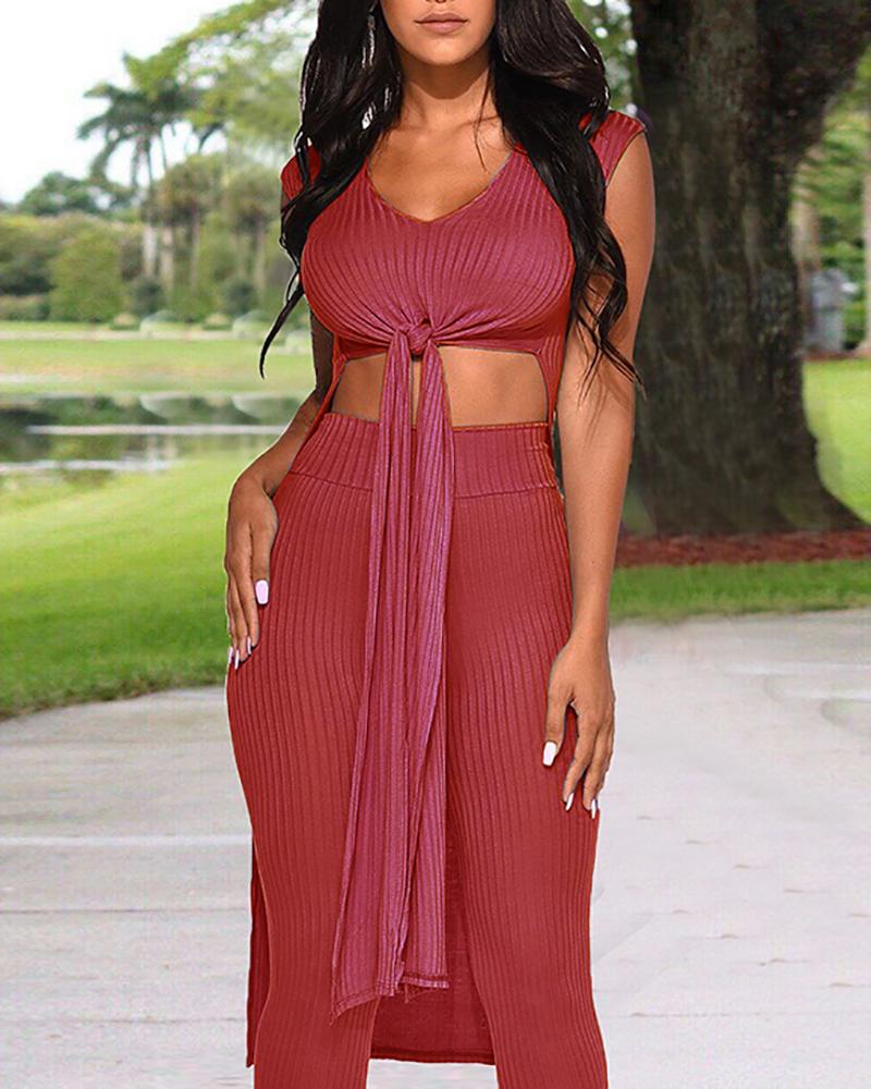 

Solid Sleeveless Knotted Front Top & Pant Sets, Wine red