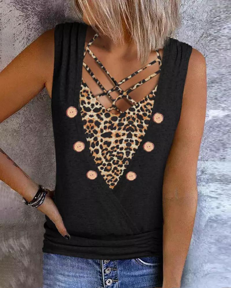 

Leopard Print Crisscross Button Decor Fake Two-Piece Tank Top, Black