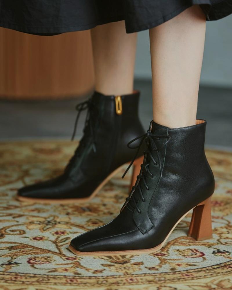 

Lace-up Front Square Toe Chunky Boots, Black