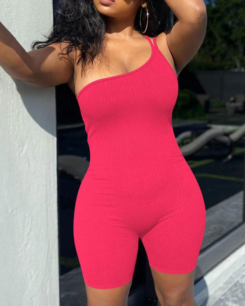 

Ribbed One Shoulder Active Romper, Hot pink