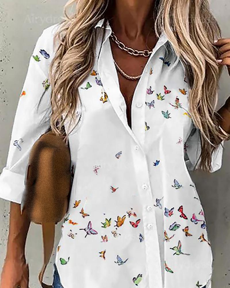 

Pocket Design Long Sleeve Butterfly Print Shirt, White