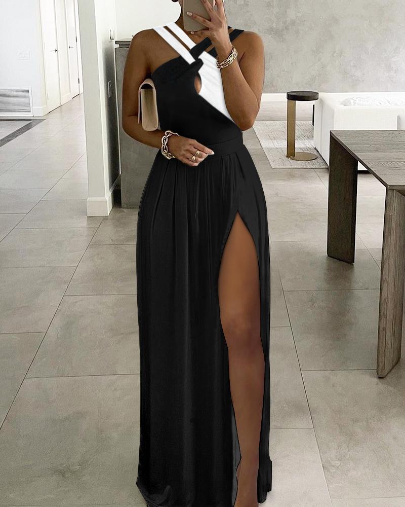 

Colorblock Crisscross Halter High Slit Maxi Dress, Blackwhite