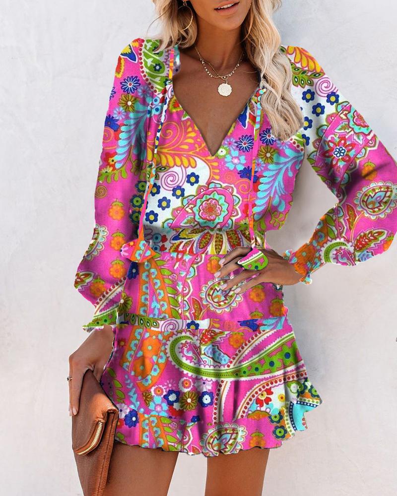 

Floral Latern Sleeve Loose Mini Dress, Hot pink