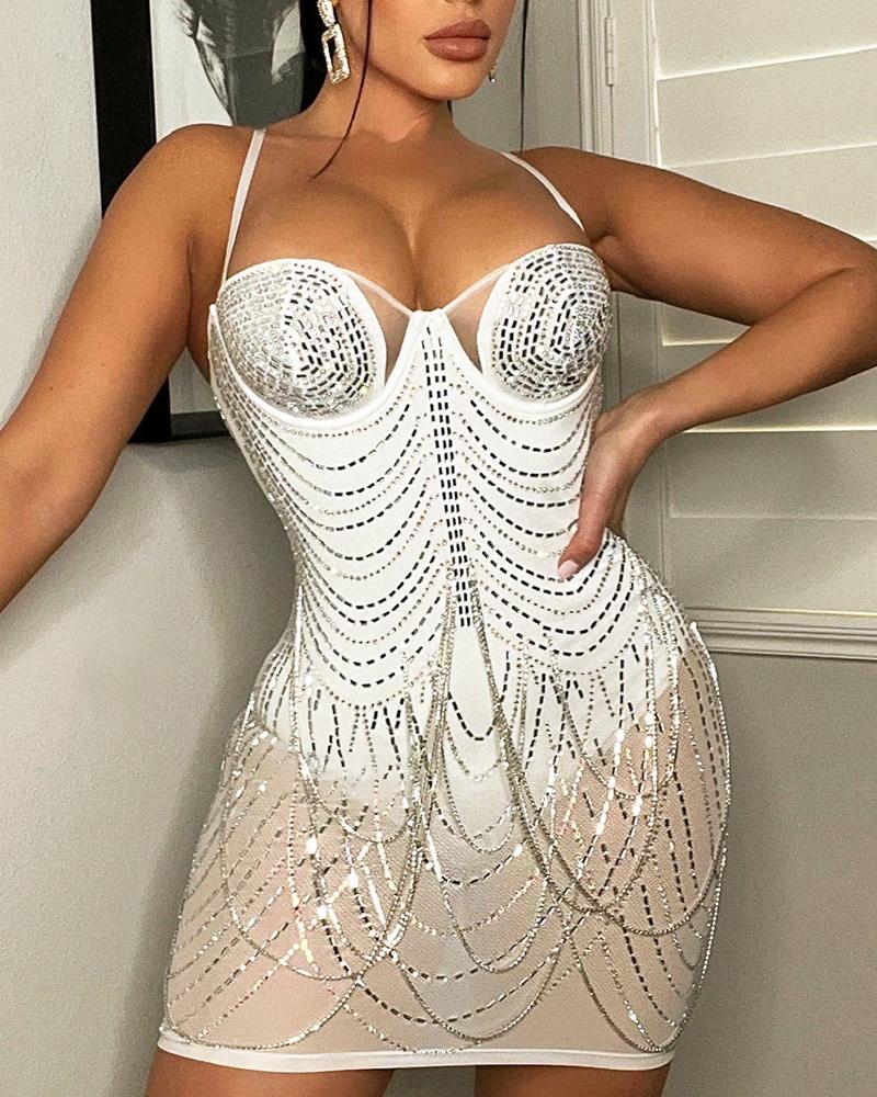 

Spaghetti Strap Rhinestone Tassel Design Party Dress, White