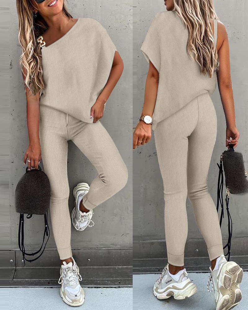 

Chain Decor Top & High Waist Pants Set, Apricot