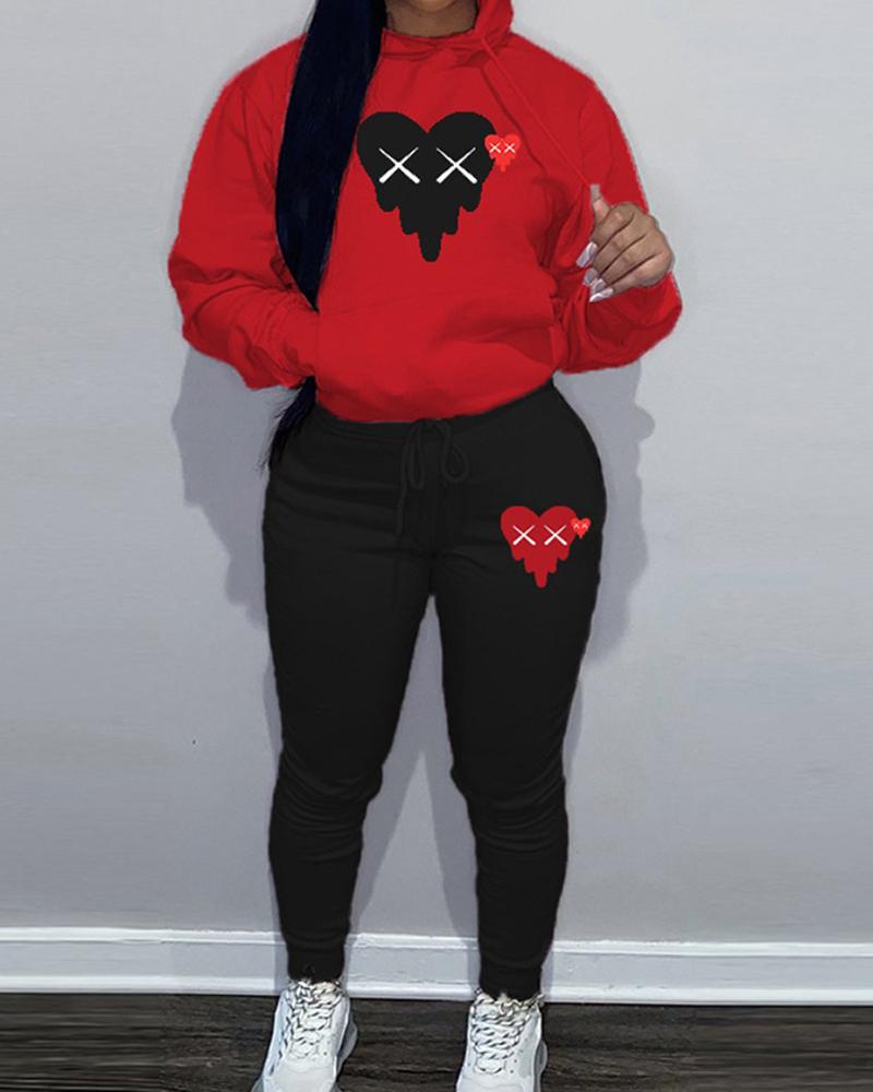 

Valentine's Day Heart Print Hooded Top & Pants Set, Red