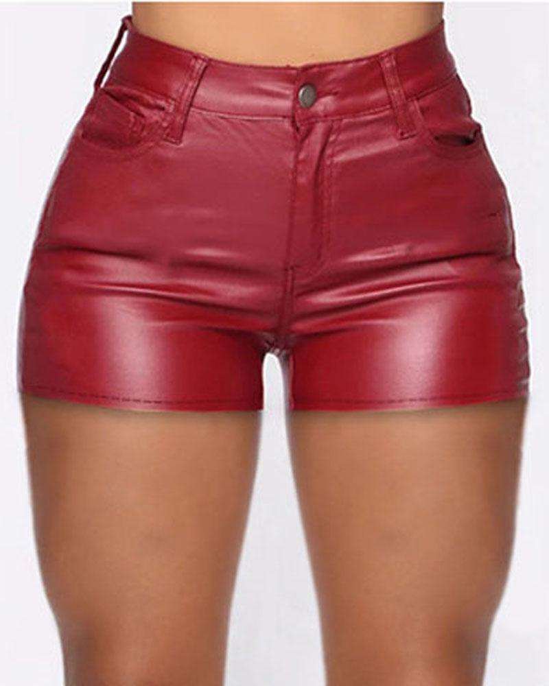 

Zip Fly PU Leather High Waist Shorts, Red