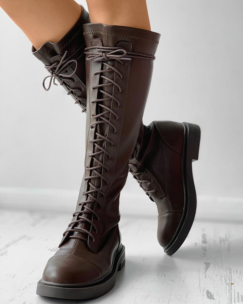 

Lace-up Front Zipper Design Long Boots, Brown